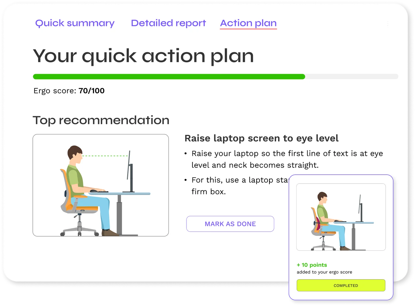 BalanceFlo action plan screen with prioritised ergonomic recommendations and progress tracking.