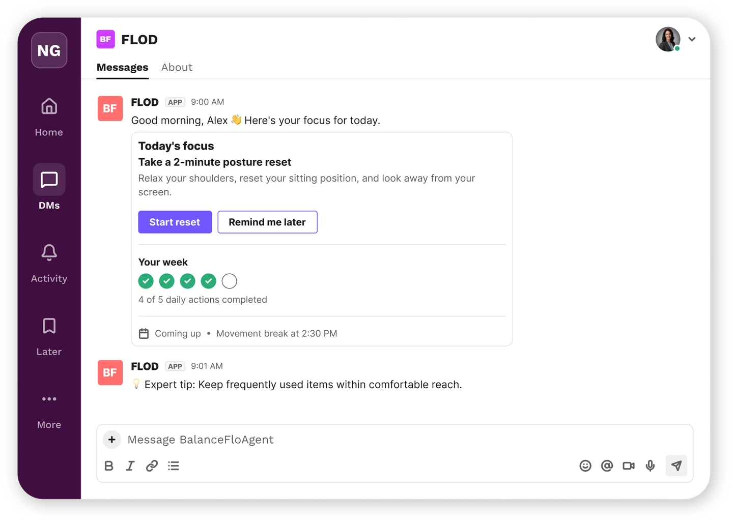 BalanceFlo FLOD action plan screen with recommended next steps.