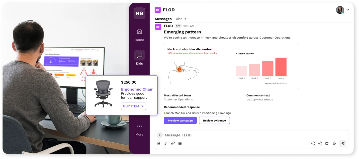 BalanceFlo dashboard showing risk trends, an ergonomics score, and daily habit tracking.