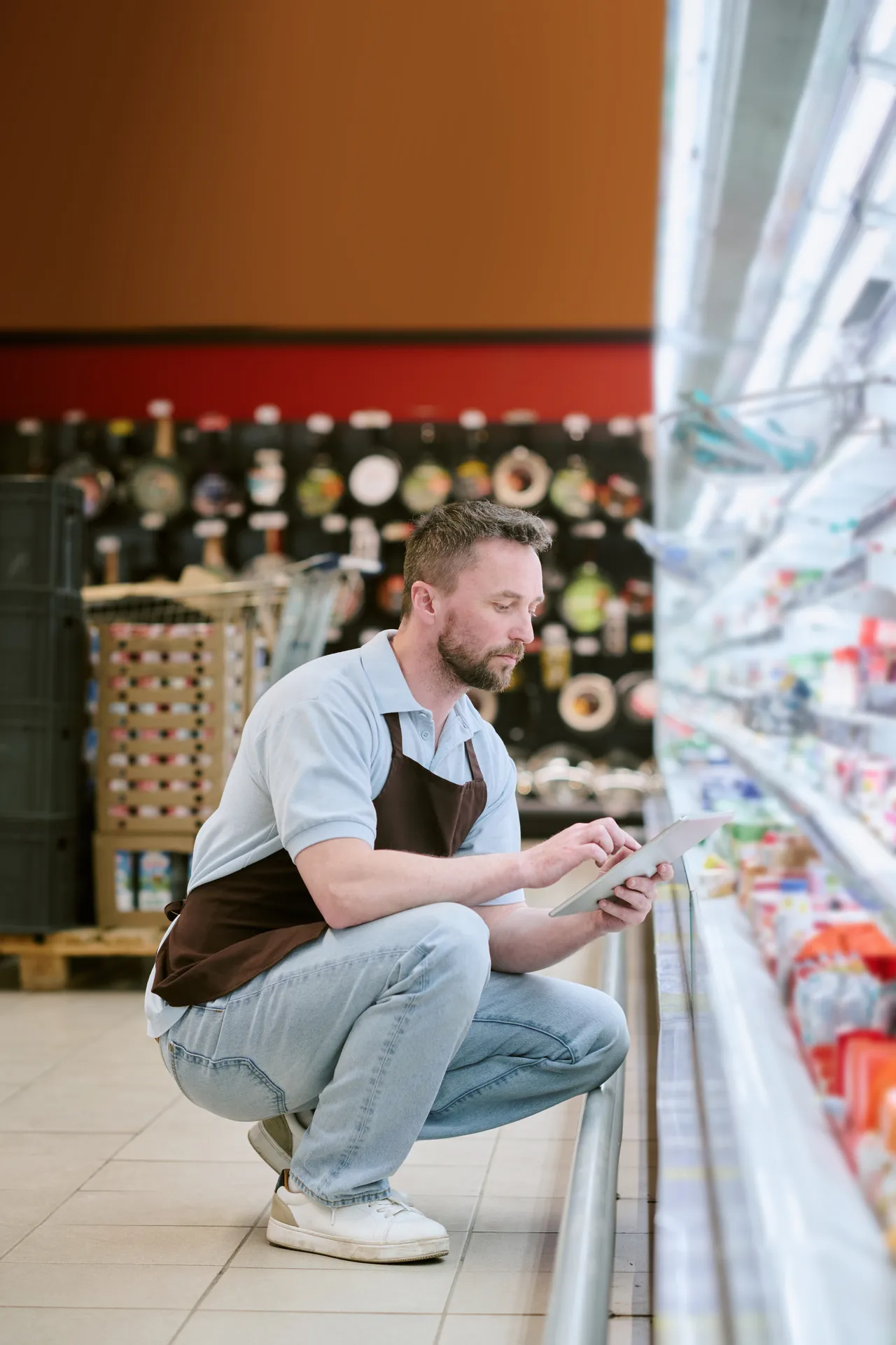 Retail worker restocking shelves