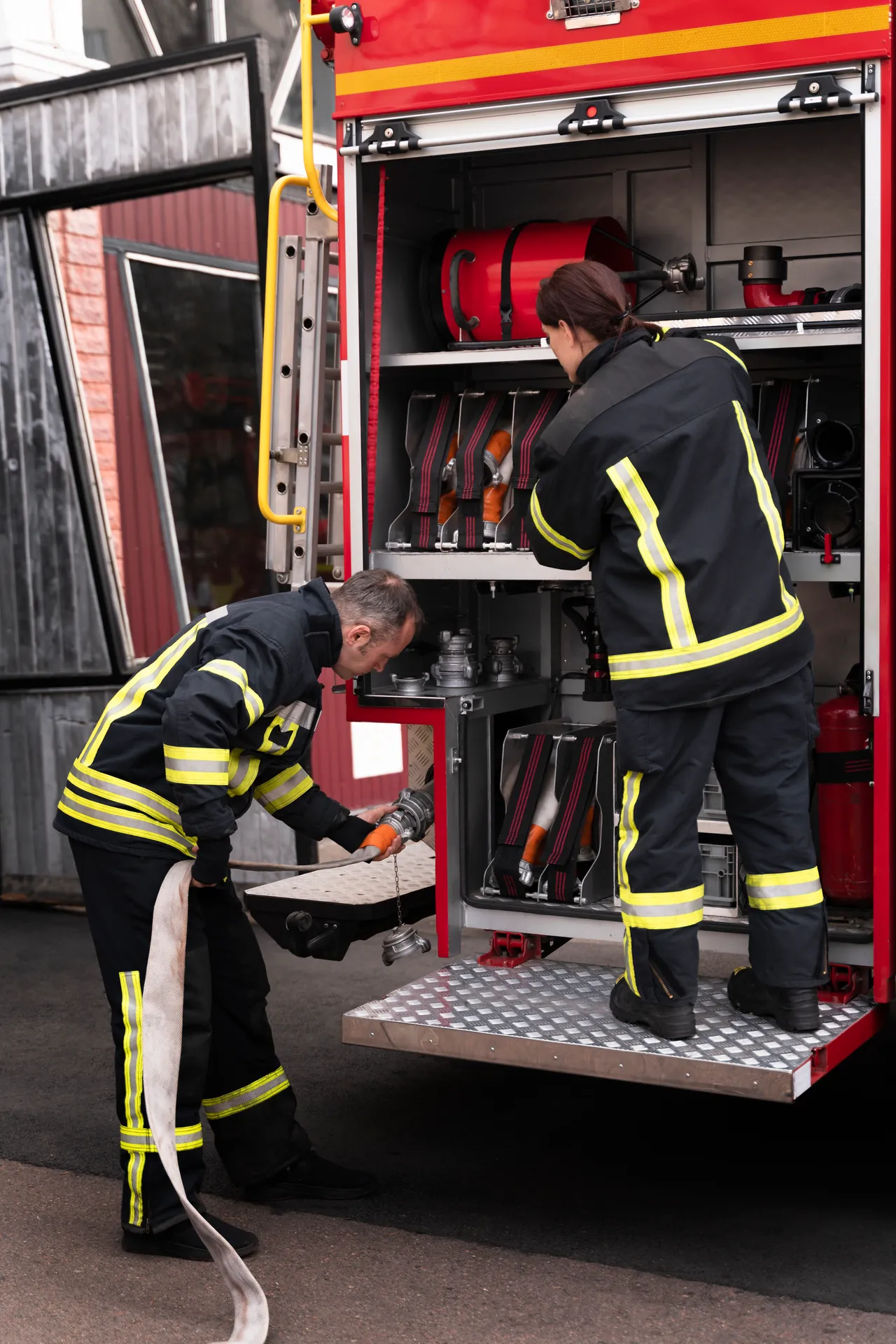 Emergency services crew carrying equipment