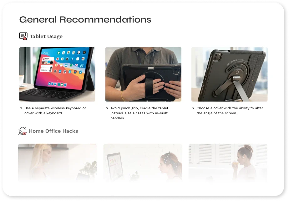 BalanceFlo guidance screen translating ergonomics advice into plain language actions.