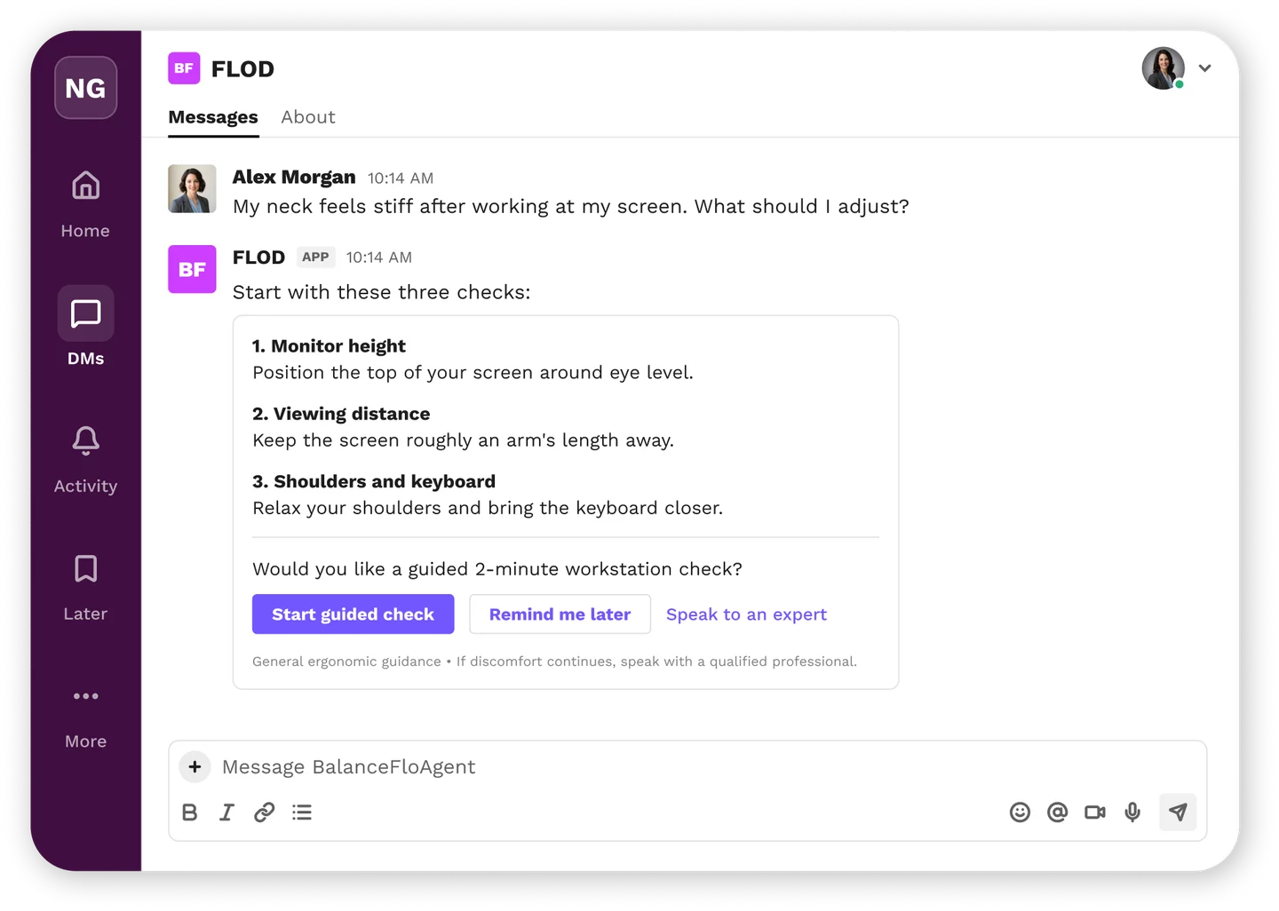 BalanceFlo FLOD screen showing plain-language ergonomics guidance.