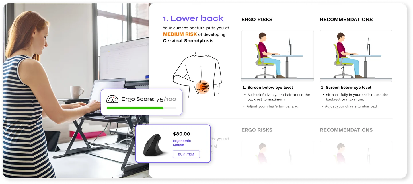 BalanceFlo Office dashboard showing risk trends, an ergonomics score, and postural analysis.