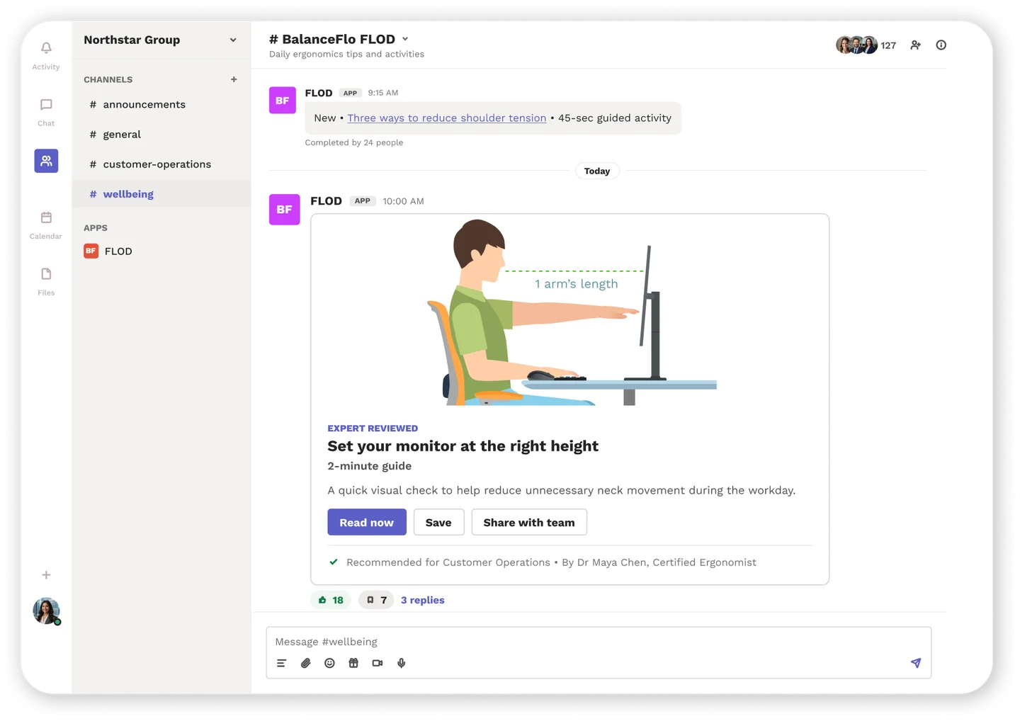 BalanceFlo dashboard showing risk trends, an ergonomics score, and daily habit tracking.