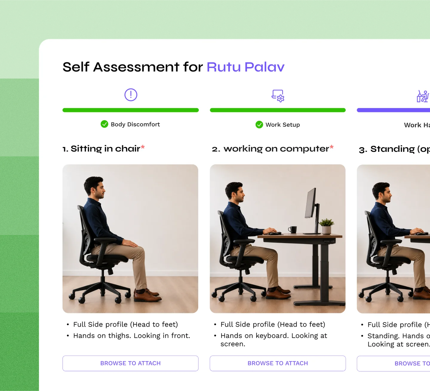 Self-assessment interface guiding an employee through a postural check.
